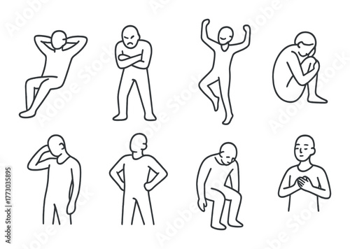 Eight depictions of human figures in various emotional and physical poses on dark background.