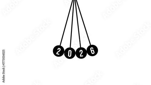 Minimalist 2D pendulum animation showing the year 2026 swinging motion, perfect for New Year celebration intros, countdown videos, or festive motion design projects.