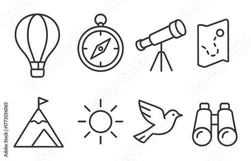 Adventure icons: hot air balloon, compass, telescope, map, mountain, sun, bird, binoculars.