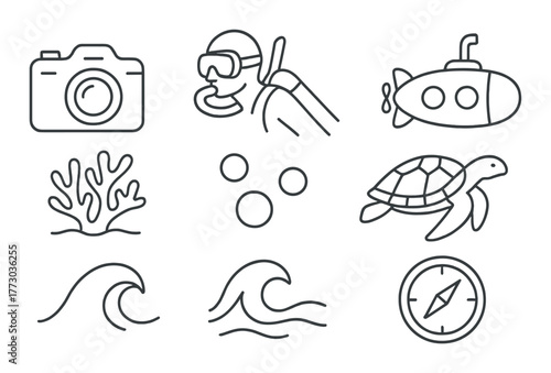 Diving icons set: camera, snorkeler, submarine, coral, turtle, compass, waves.