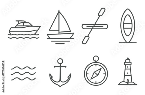Nautical icons: boat, sail, paddle, canoe, waves, anchor, compass, lighthouse.