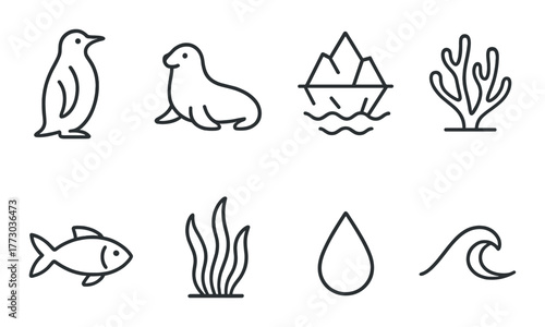 Minimalist iceberg, seal, penguin, and ocean icons on dark background.
