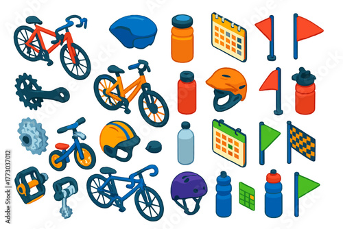 Cycling Essentials Icons. Isometric vector illustration set cycling essentials: road race bike, time trial helmet, bidon bottle,