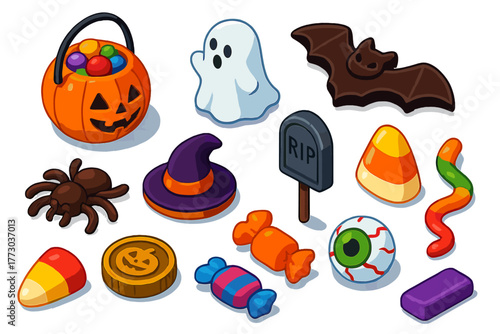 Halloween Candy Icons. Isometric vector illustration set Halloween Candy Set: pumpkin candy bucket, ghost-shaped marshmallow, bat