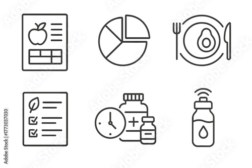 Biohacking Meal Icons. Line style icons of Biohacking Meal Planning: nutrient calculator sheet, macro ratio grid, keto plate icon,