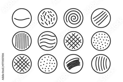 Clay Texture Icons. Line style icons of clay textures in round shape: smooth clay, rough texture, spiral mark, tool scrape; ridged