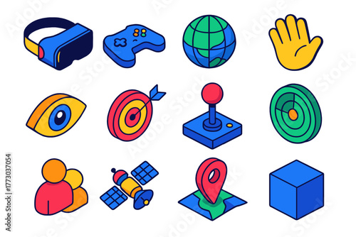 Multiplayer VR Icons. Isometric vector illustration set Multiplayer VR Icons: headset, game controller, globe, waving hand, eye,