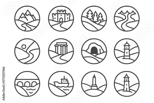 Map Landmarks Icons. Line style icons of landmarks on maps in round shape: mountain peak, castle icon, river delta, forest patch;