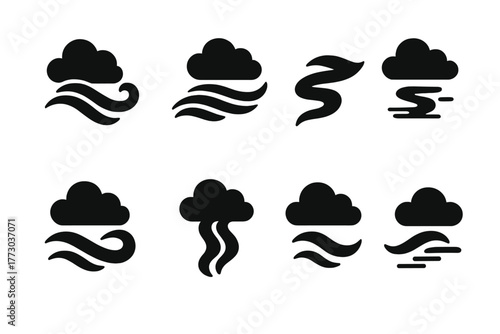 Aerial Waterway Icons. Solid style icons of symbolic river-in-the-sky imagery: Sky Flow Ribbon, Floating Stream Icon, Invisible