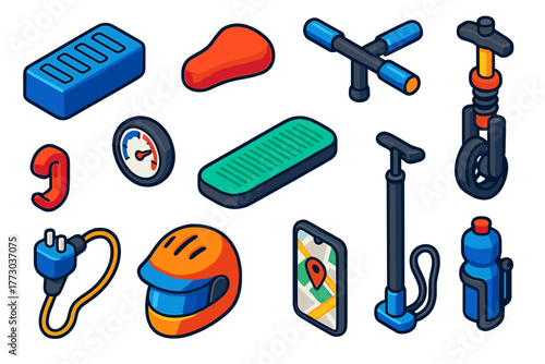 E-Scooter Icon Set. Isometric vector illustration set Long-range E-Scooter Icons: large battery pack, speedometer, comfort seat,