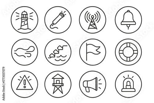 Maritime Safety Icons. Line style icons of maritime safety in round shape: guiding light, signal flare, radio beacon, emergency