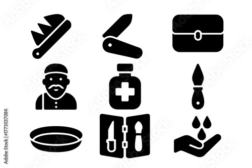 Historical Bloodletting Tools. Solid style icons of Historical Bloodletting Tool: Fleam, Bloodletting Knife, Case, Barber Surgeon,