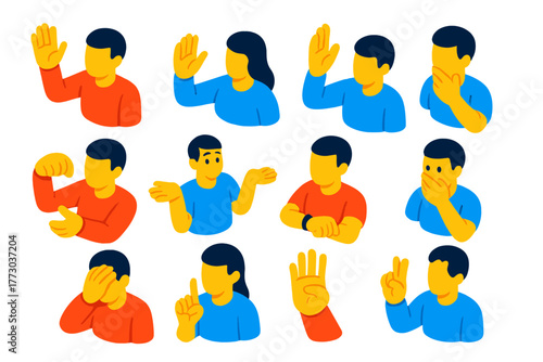 Everyday Hand Gestures. Isometric vector illustration set Everyday Communication Hand Gestures: waving hello, waving goodbye,