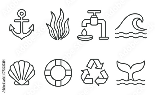 Nautical and environmental symbols featuring anchor, fire, water, and recycling. Nautical and environmental symbols featuring anchor, fire, water, and recycling.