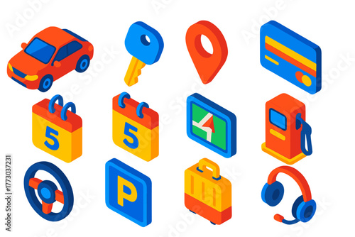 Auto Service Icons Set. Isometric vector illustration set Auto Service Booking Icons: car, key, calendar date, map pin, credit