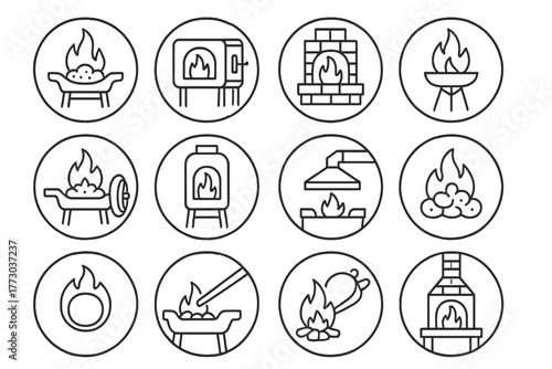Forge Line Icons. Line style icons of forges in round shape: coal forge, gas forge, brick forge, open flame forge; forge with