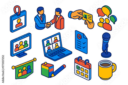 Corporate Networking Icons. Isometric vector illustration set Corporate Networking Icons: name badge, handshake, business card