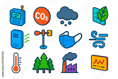 Air Quality Icons. Isometric vector illustration set Air Quality and CO2 Icons: air quality sensor, CO2 molecule symbol, smog