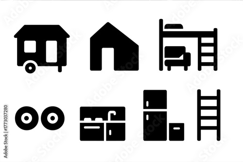 Mobile Minimalist Homes. Solid style icons of Mobile Minimalist Homes: Tiny House, Minimalism, Loft Bed, Multi-use Furniture,