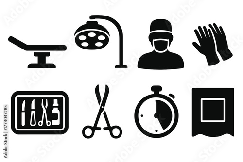 Surgical Tools Icons. Solid style icons of surgical anesthesia setup: Operating Table, Overhead Lamp, Surgeon Silhouette, Gloved