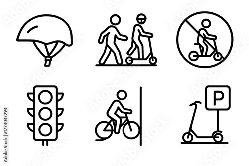 Safety Icon Set. Line style icons of Safety and Micro-Mobility Rules: helmet symbol, pedestrian right-of-way, no riding on
