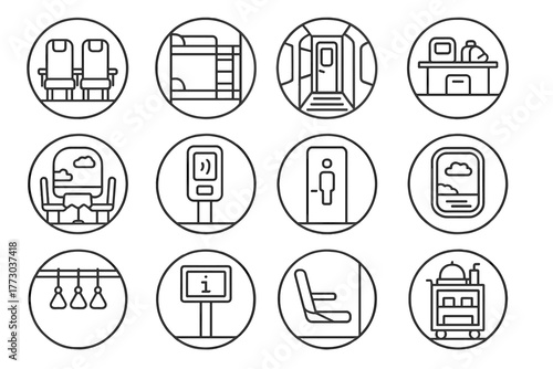 Train Interior Icons. Line style icons of train interiors in round shape: passenger seats, sleeper berth, train corridor, luggage