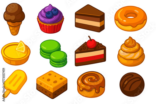 Dessert Icon Collection. Isometric vector illustration set dessert icons: triple chocolate ice cream, blueberry frosting cupcake,
