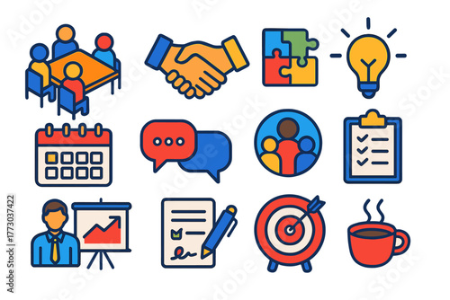 Teamwork Icon Set. Isometric vector illustration set Teamwork Icons: group meeting table, handshake, puzzle pieces, lightbulb idea