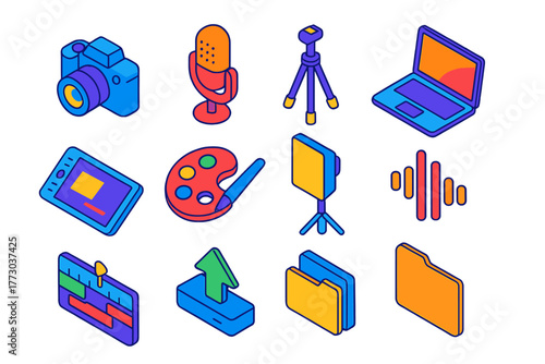 Post-production Tools Illustration. Isometric vector illustration set Post-production Tools Icons: camera, microphone, tripod,