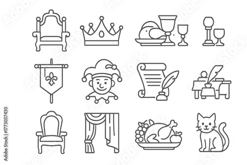 Royal Castle Icons. Line style icons of royal castle life in round shape: king’s throne, queen’s crown, banquet table, goblet set;