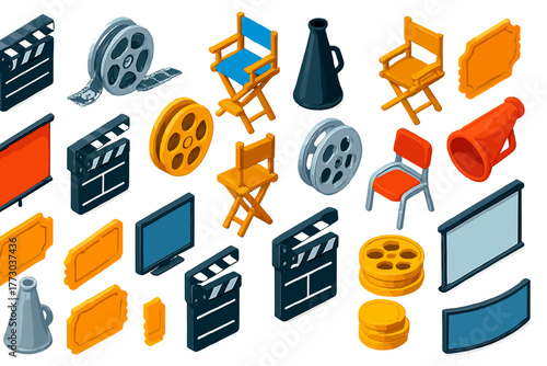 Filmmaking Tools Icons. Isometric vector illustration set filmmaking elements: striped slate clapperboard, film reel with leader,
