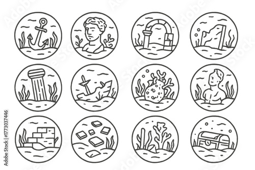 Sunken Ruins Icons. Line style icons of sunken ruins in round shape: ancient anchor, broken statue, submerged archway, stone