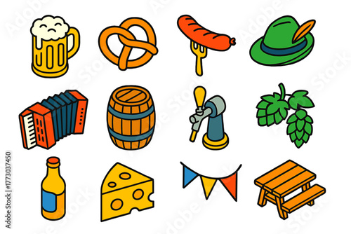 Bavarian Festive Icons. Isometric vector illustration set Bavarian Festivity Linear Icons: beer stein, pretzel, grilled sausage,