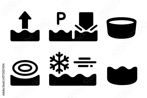 Non-Newtonian Fluid Icons. Solid style icons of non-Newtonian fluid properties: Arrow Resistance, Pressure Symbol, Solid Under