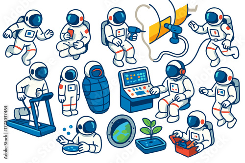 Astronaut's Space Adventures. Isometric vector illustration set Astronaut Life in Space: astronaut floating, eating space food,