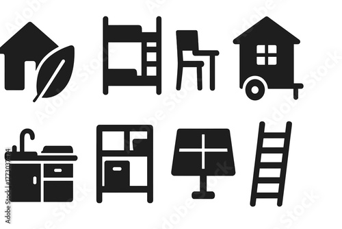 Minimalist Tiny House Icons. Solid style icons of Tiny House Movement: Minimalism, Loft Bed, Multi-use Furniture, Wheels, Compact
