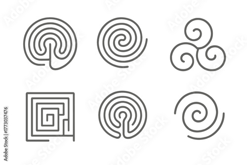 Labyrinth Icons Design. Line style icons of Labyrinth and Spiral Symbols: classical labyrinth, seven-path spiral, double spiral