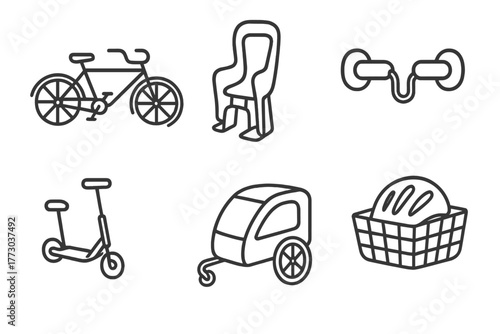 Family Micro-Mobility Icons. Line style icons of Family-Friendly Micro-Mobility: tandem e-bike, child seat attachment, handlebar