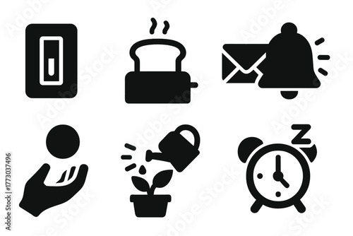 Task Outcome Icons. Solid style icons of simple task outcomes: Light Switch On, Toast Popped, Letter Mailed, Bell Rung, Ball