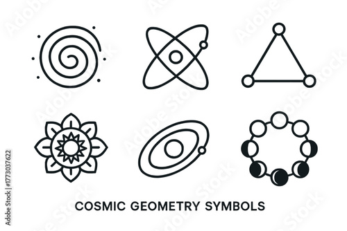 Cosmic Geometry Icons. Line style icons of Cosmic Geometry Symbols: galactic spiral, orbit lines, stellar alignment triangle,