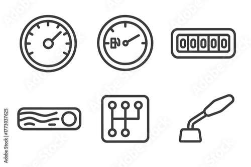 Classic Dashboard Icons. Line style icons of Classic Vehicle Dashboards: analog speedometer, fuel dial, odometer roll, wood trim