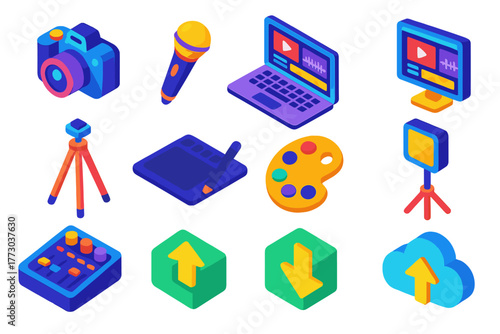 Creative Studio Icons. Isometric vector illustration set Creative Studio Icons: camera, microphone, laptop, video editing screen,