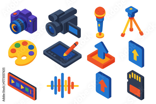 Content Tools Icons. Isometric vector illustration set Professional Content Tools Icons: camera, video camera, microphone, tripod,