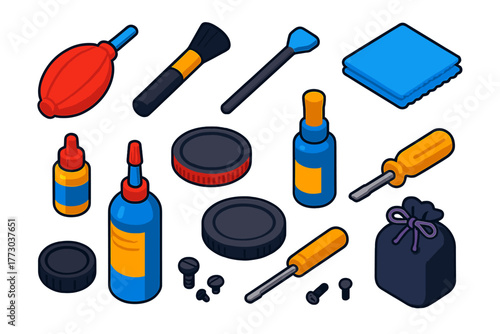 Camera Maintenance Tools. Isometric vector illustration set Camera Maintenance Tools: blower, cleaning brush, microfiber cloth,