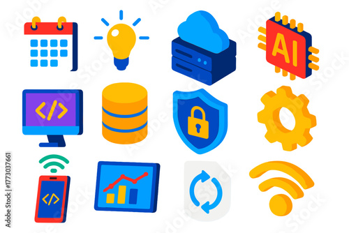 Cloud Productivity Icons. Isometric vector illustration set Cloud Productivity Icons: calendar, lightbulb, cloud server, AI chip,