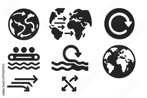 Ocean Conveyor Icons. Solid style icons of ocean conveyor belt system: Global Current Path, Flow Arrows Across Continents, Ocean
