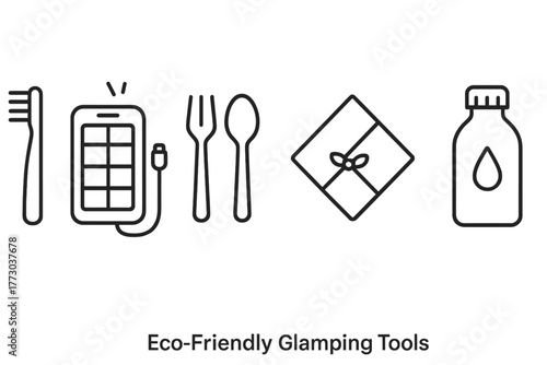 Eco-Friendly Camping Icons. Line style icons of Eco-Friendly Glamping Tools: bamboo toothbrush, solar charger, reusable utensils,