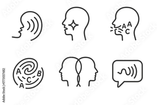 Language Synesthesia Icons. Line style icons of Language and Sound Synesthesia: spoken word ripple, phoneme glow icon, vocabulary
