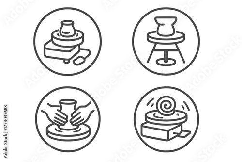 Potter's Wheel Icons. Line style icons of potter's wheels in round shape: electric potter’s wheel, kick wheel, tabletop wheel,