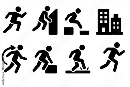 Dynamic Urban Sport Icons. Solid style icons of Dynamic Urban Sport: Parkour, Wall Run, Precision Jump, Urban Environment, Flow,